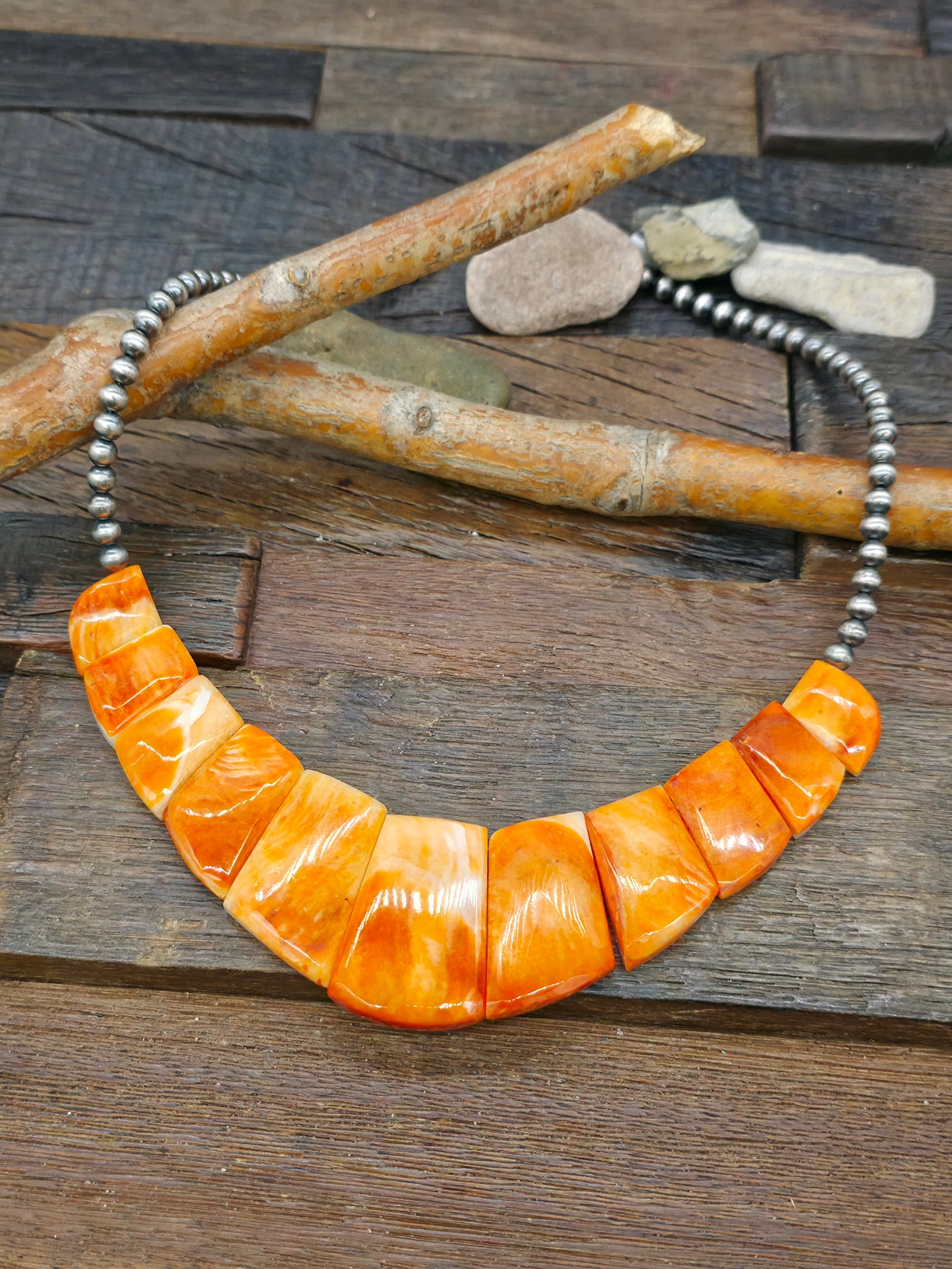Sterling Silver bead and Orange Spiny Oyster Tab Necklace by Isabell John - 18 in.