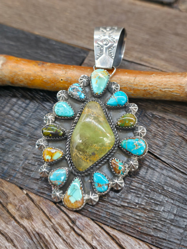 Sterling Silver Mixed Turquoise Cluster Pendant by Rosella Paxson - 3 1/2 in. by 2 in.