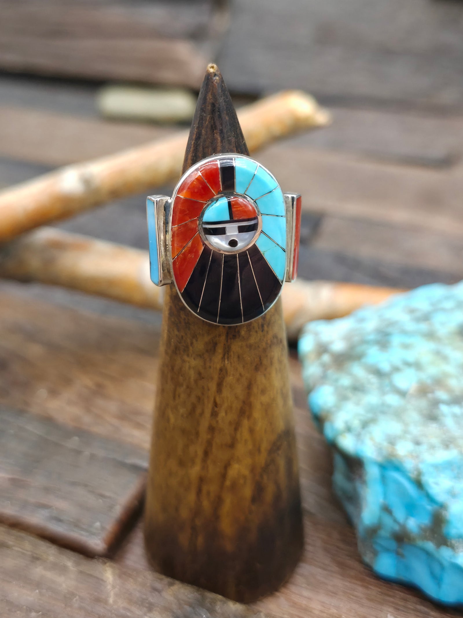 Zuni Inlay Sun Face Ring with Coral Turquoise and Jet by Don Dewa - Size 6