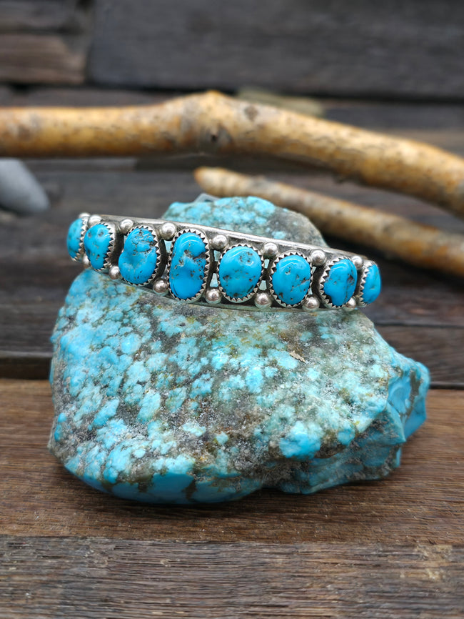 9 Stone Kingman Turquoise Sterling Silver Cuff by Phillip Yazzie - 6 3/8in. w/gap