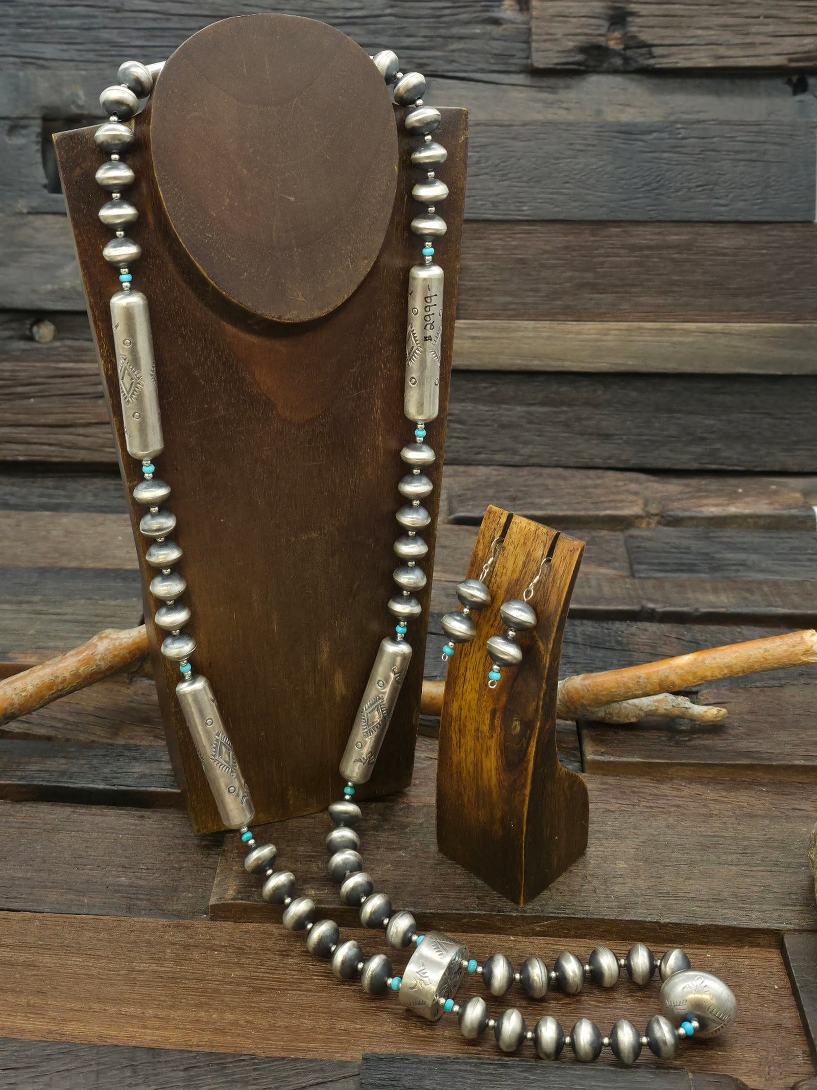 Stamped Sterling Silver and Blue Turquoise Bead Necklace and Earring Set by Sharon Cooley - 32 in. with 4 in. Drop