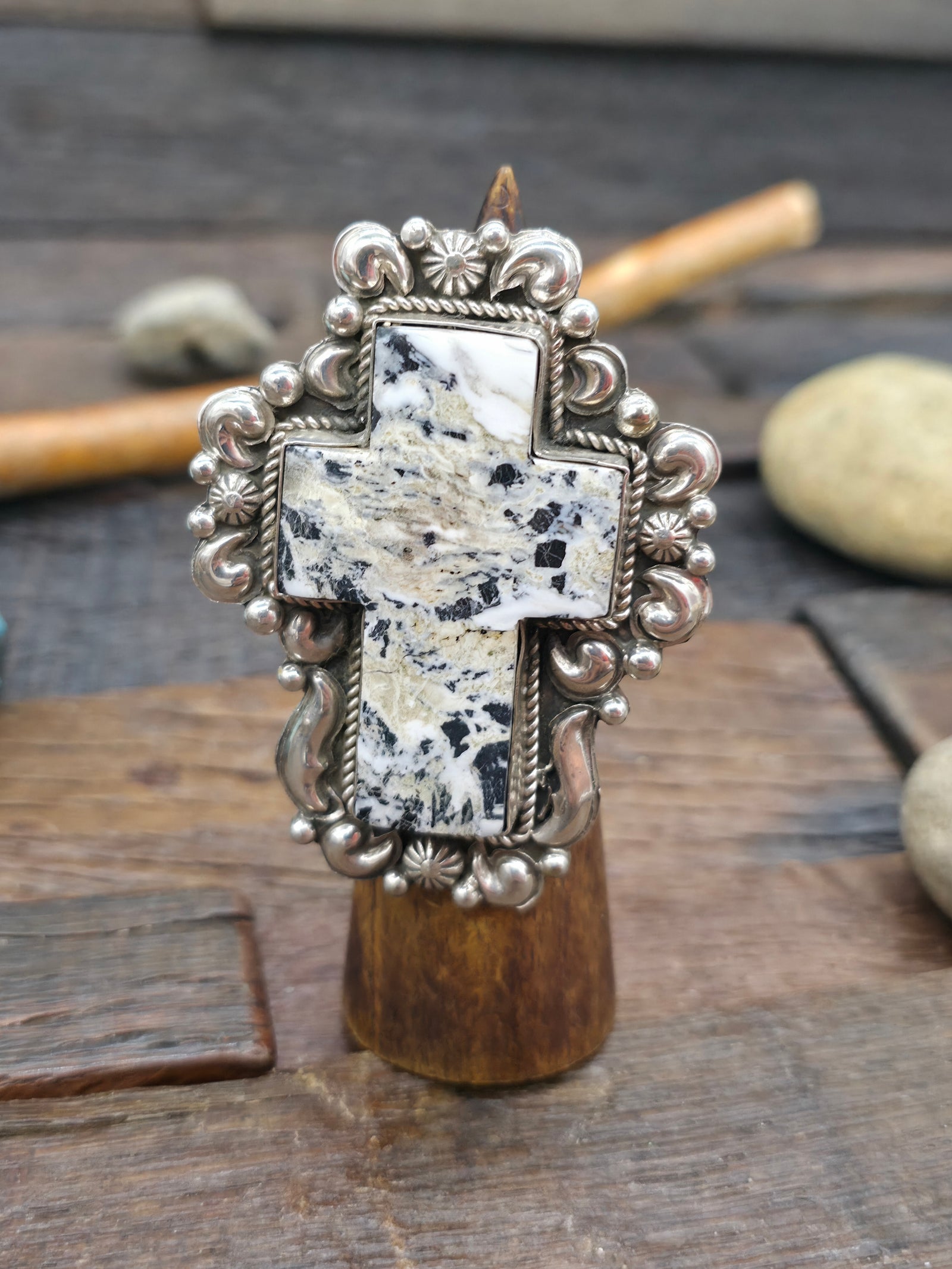 Large Repoussé Stamped Sterling Silver White Buffalo Cross Ring by Richard Jim - Adjustable