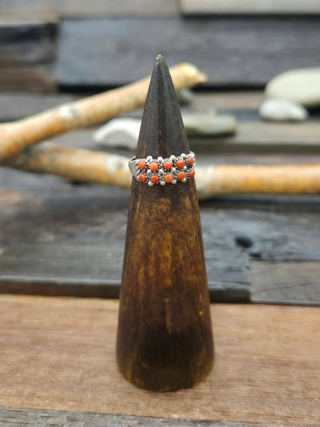 Sterling Silver Coral Petit Point Ring Size by April H. - Size 6 3/4