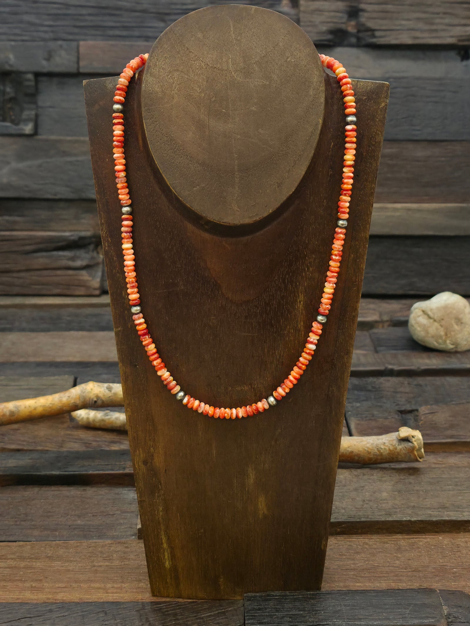 Spiny Oyster and Sterling Silver Bead Necklace - 19 in.