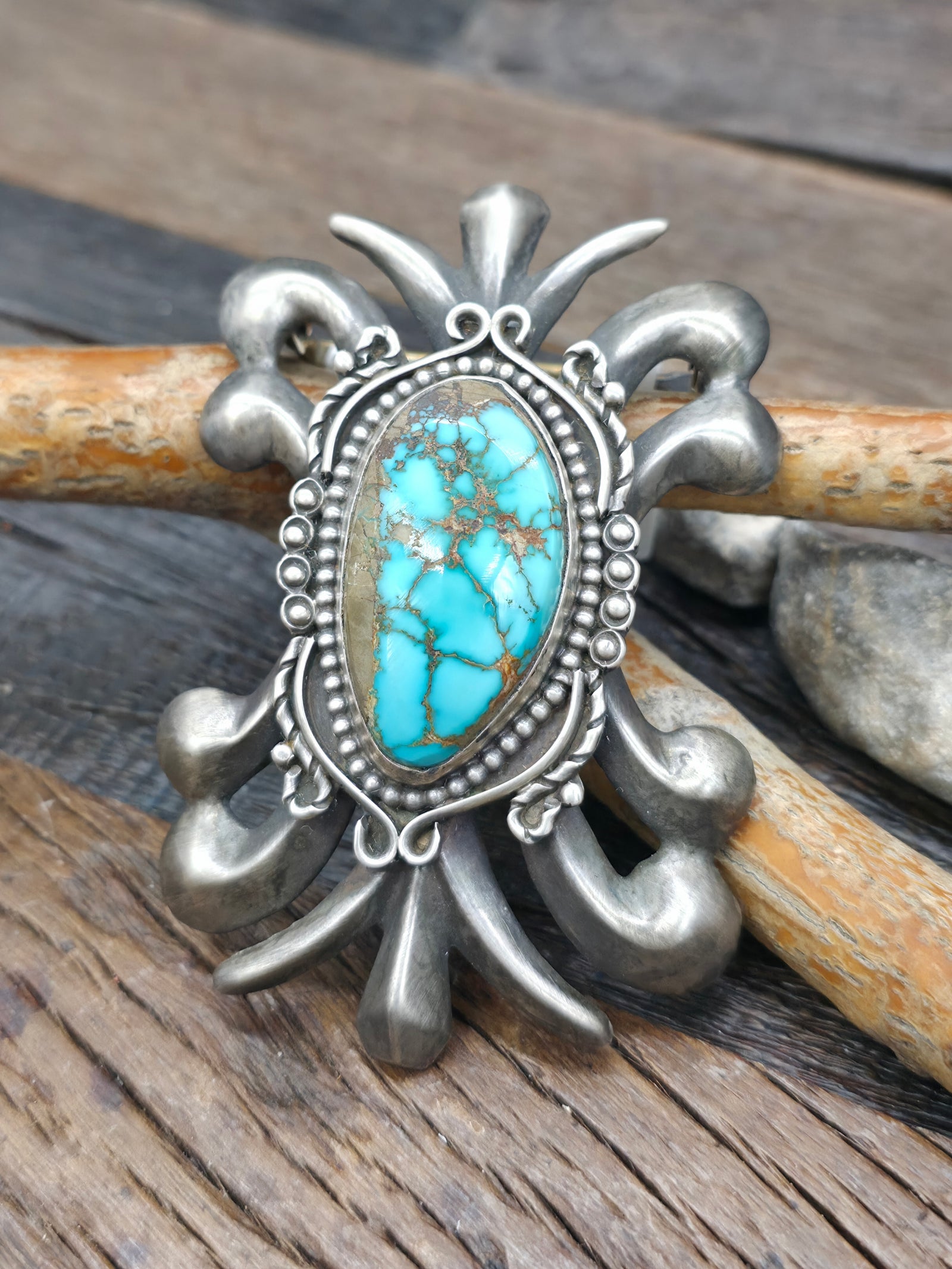 Cast Sterling Silver Turquoise Mountain Turquoise Buckle by Rosella Paxton - 3 1/4 in. by 2 in.