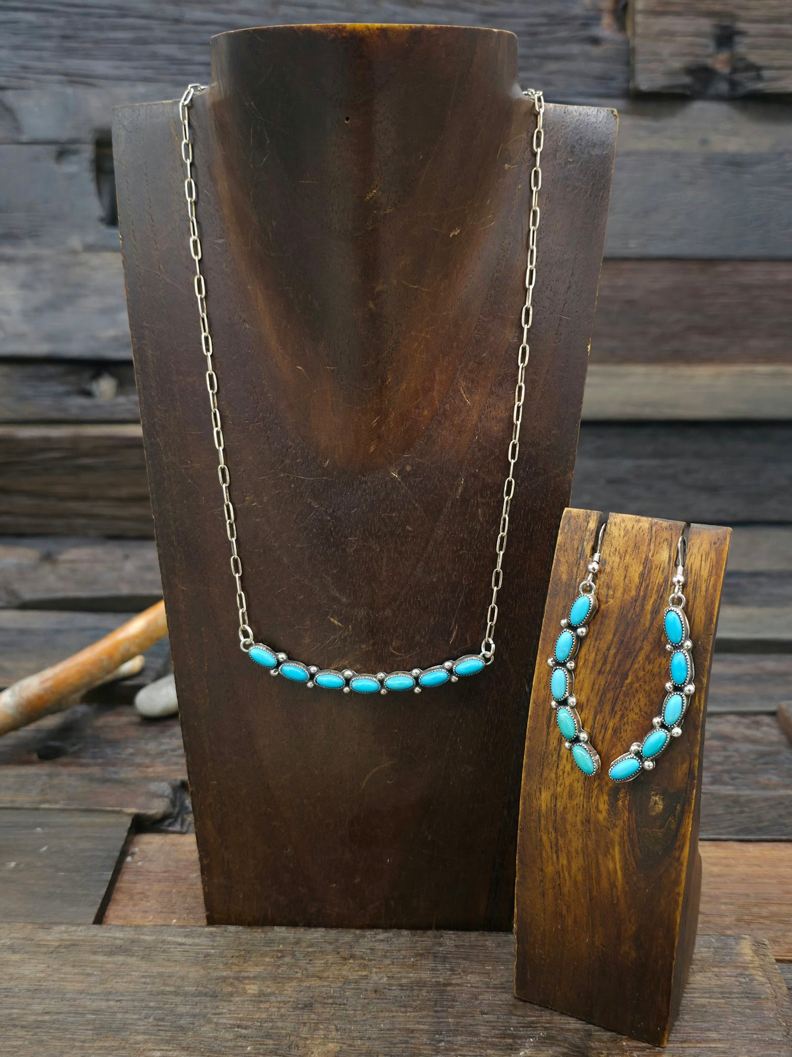 Sterling Silver Turquoise Bar Necklace and Earring Set by Robert Yazzie - 16 in.