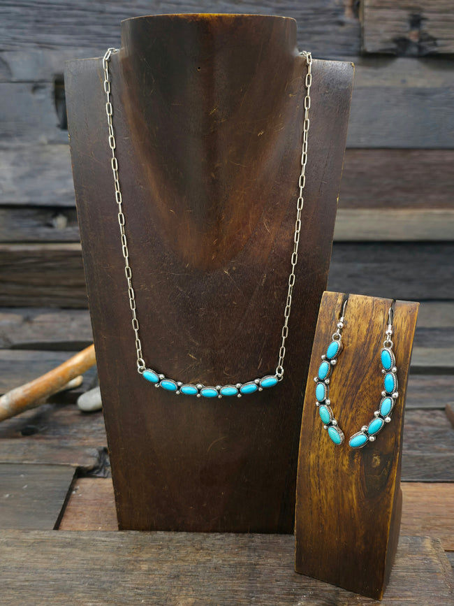Sterling Silver Turquoise Bar Necklace and Earring Set by Robert Yazzie - 16 in.