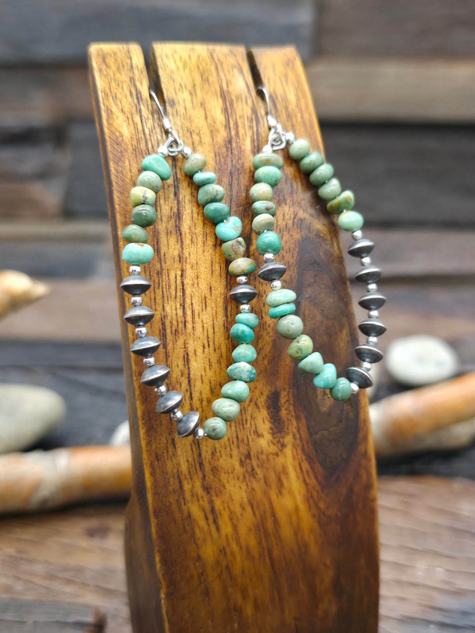 Green Turquoise and Sterling Silver Bead Oval Hanging Hoop Earrings