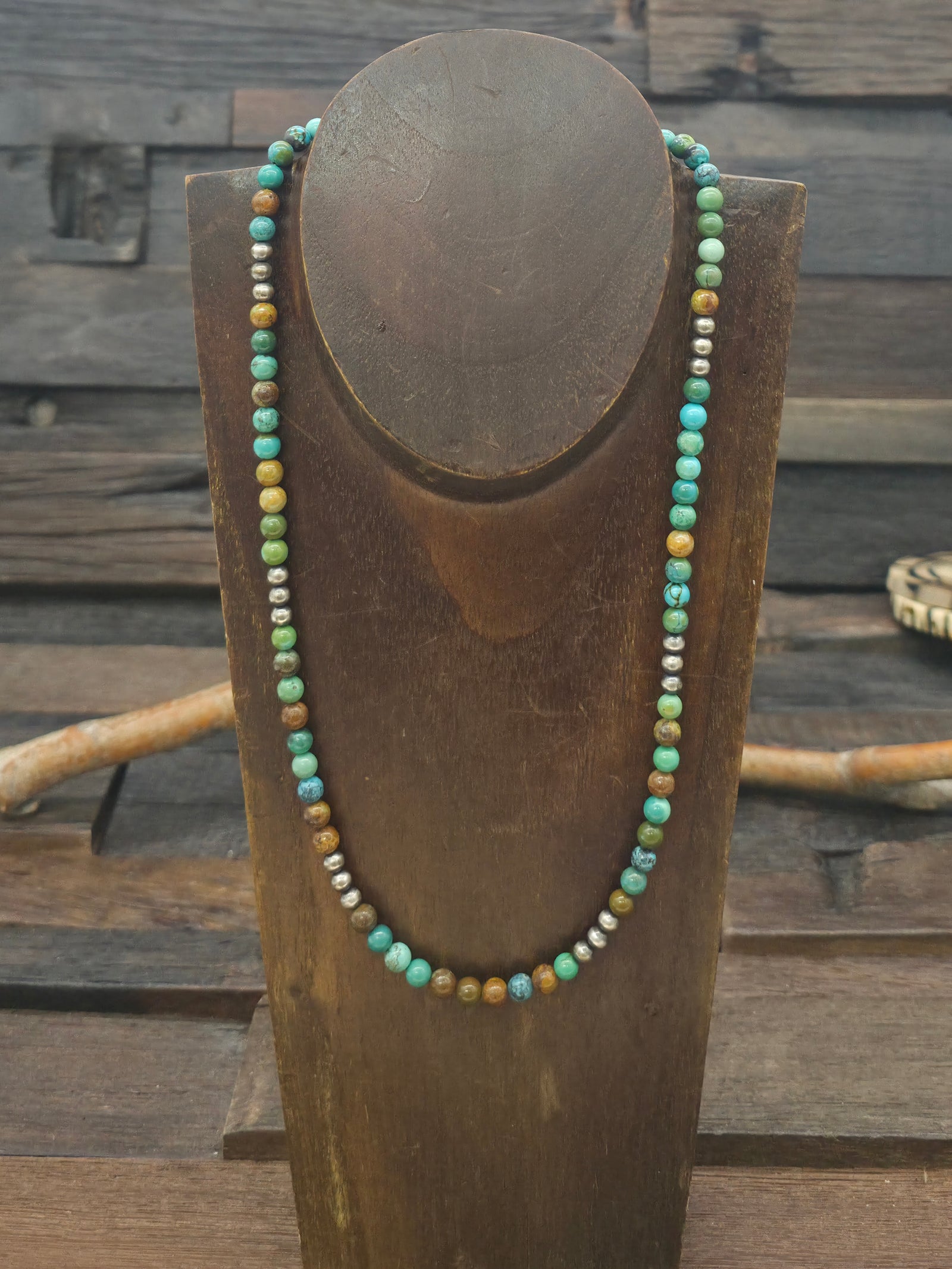 Sterling Silver and Green and Blue Turquoise Bead Necklace - 20 in.