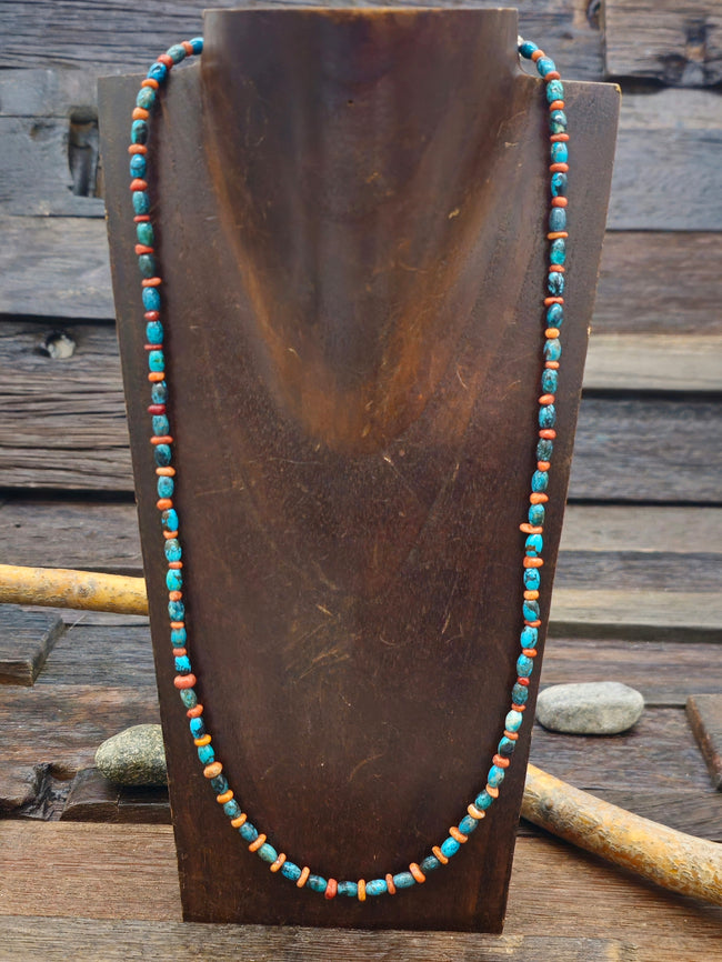 Turquoise and Orange Spiny Bead Necklace - 23 in.