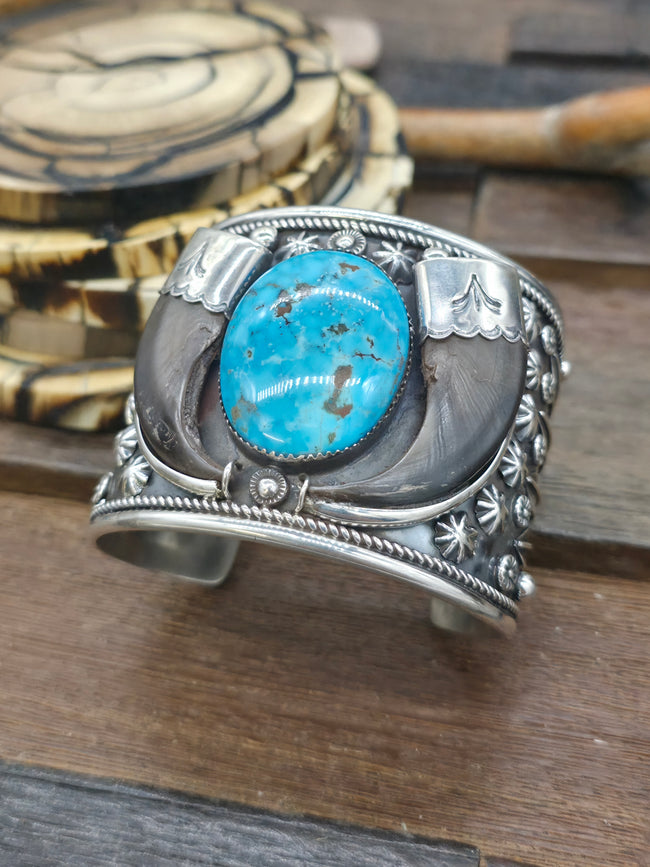 Sterling Silver Leaf Applique Cuff with Bear Claws and Turquoise by Ernest Hawthorne - 7 1/2 in. with Gap