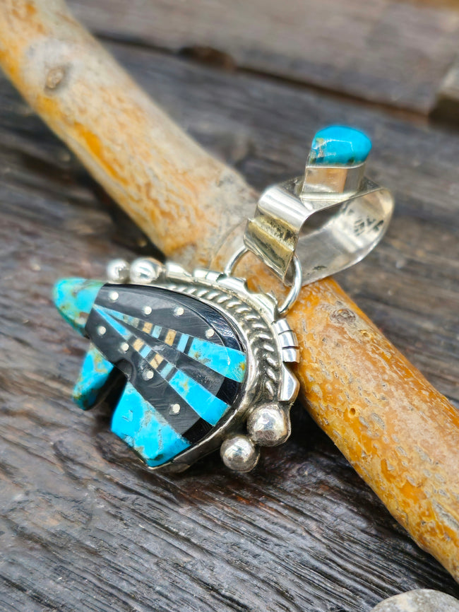 Turquoise and Jet Inlay Sterling Silver Bear Pendant by Ray Jack