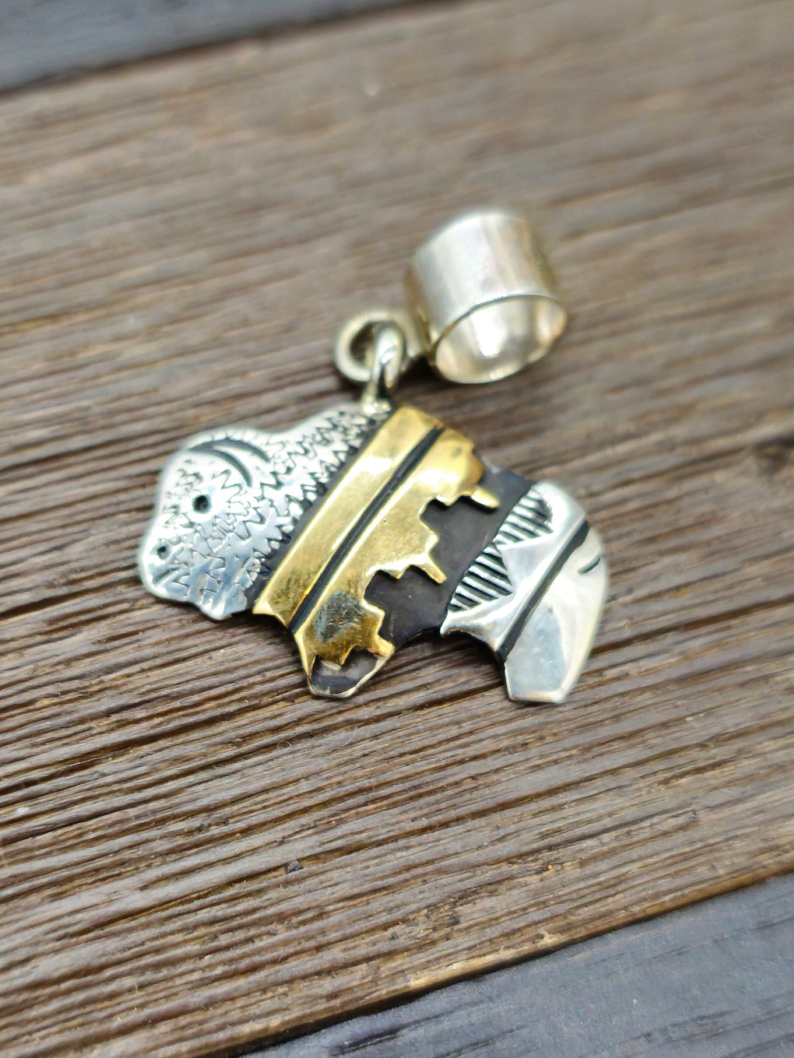 Sterling Silver and Brass Bison Overlay Pendant by Rose Singer