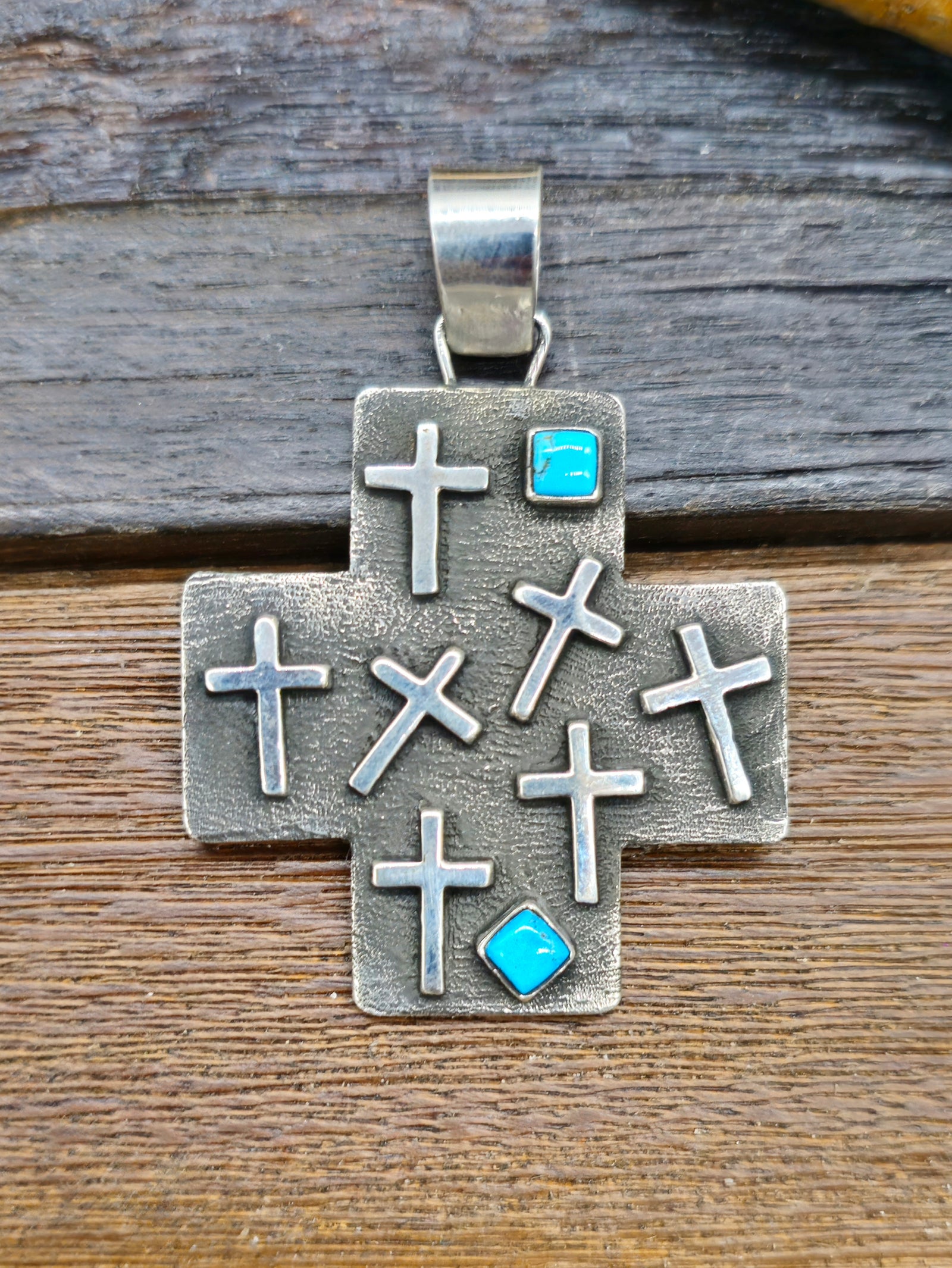 Cross-Shaped Sterling Silver Turquoise Pendant by Ernest Rangel
