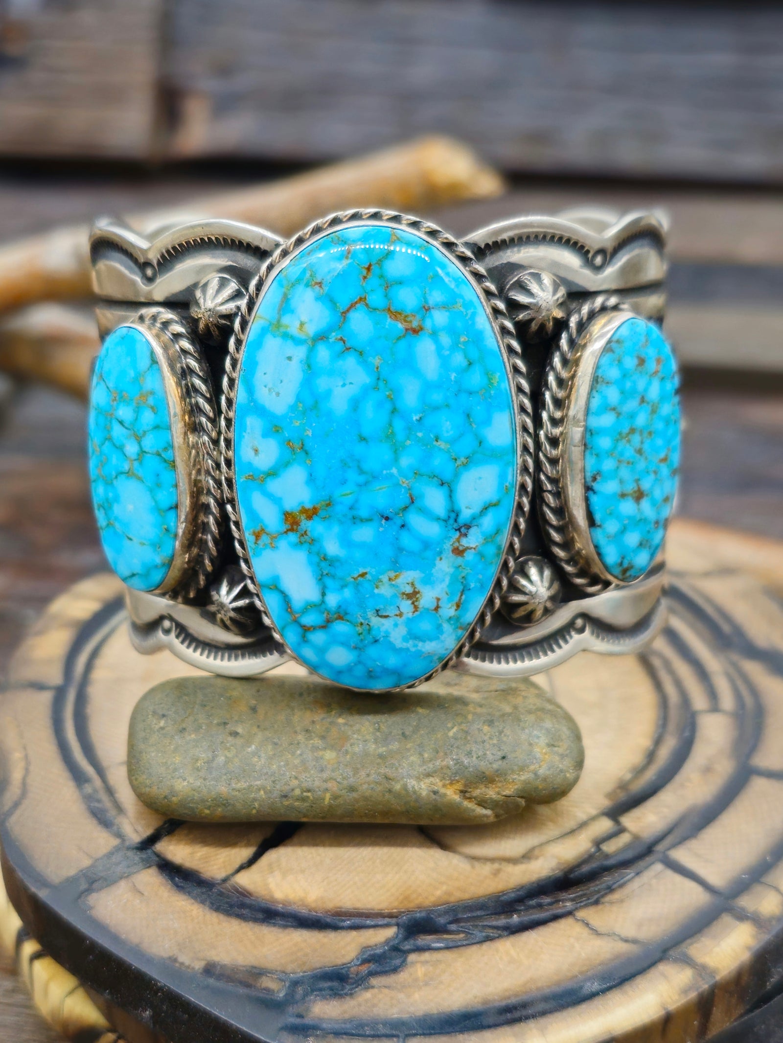 Three Stone Sterling Silver Kingman Turquoise Cuff by Delbert Delgarito - 6 1/2 in.
