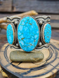 Three Stone Sterling Silver Kingman Turquoise Cuff by Delbert Delgarito - 6 1/2 in.