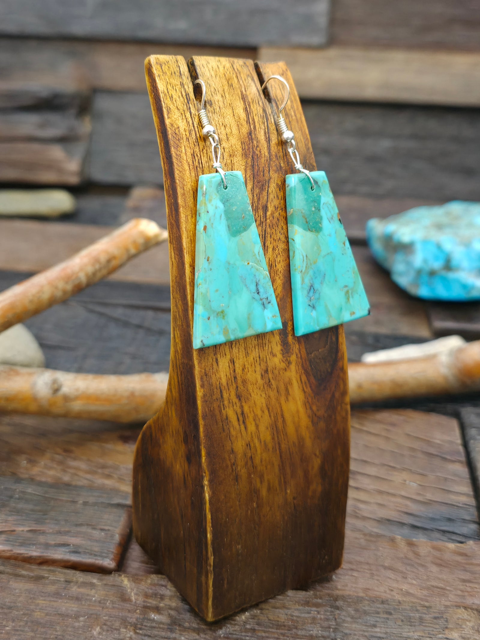 Turquoise Slab Earrings by Robert Crespin - 2 1/2 by 1 in.