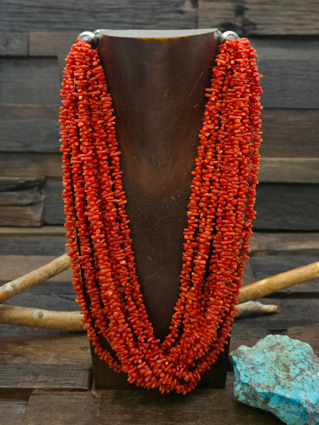 Ten Strand Coral Necklace with Stamped Sterling Silver by Fred Archuleta - 23 in. with 6 1/2 in. Extender