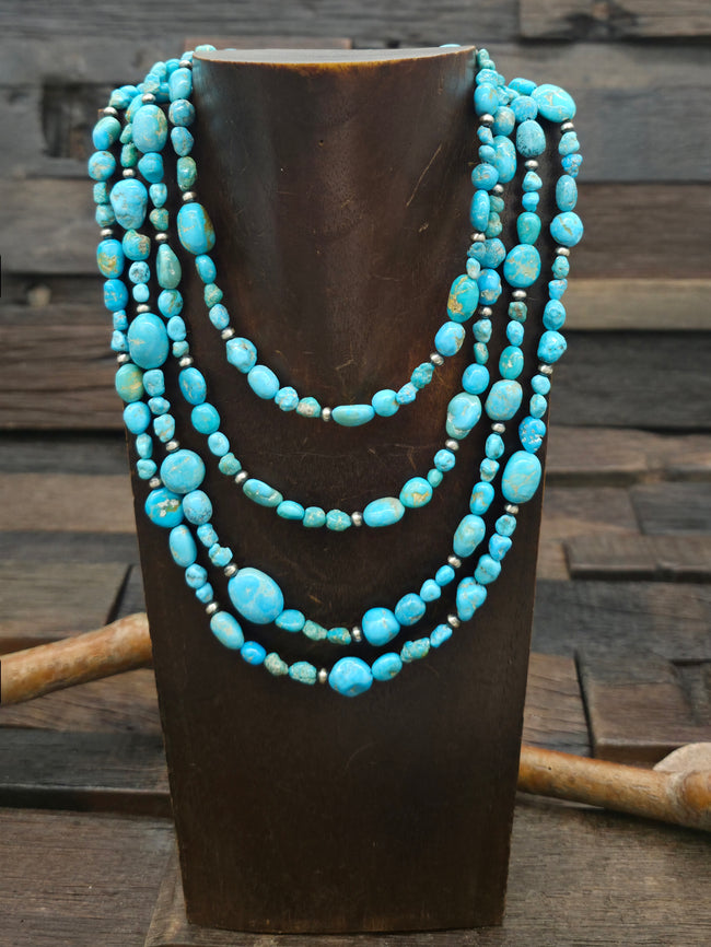 Four Strand Turquoise and Sterling Silver Bead Choker Necklace - 14 in.