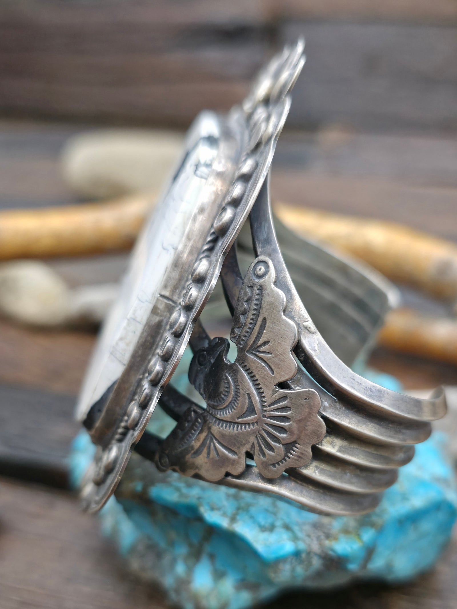 Stamped Sterling Silver White Buffalo Thunderbird Cuff Bracelet by Dean Sandoval - 7 in.