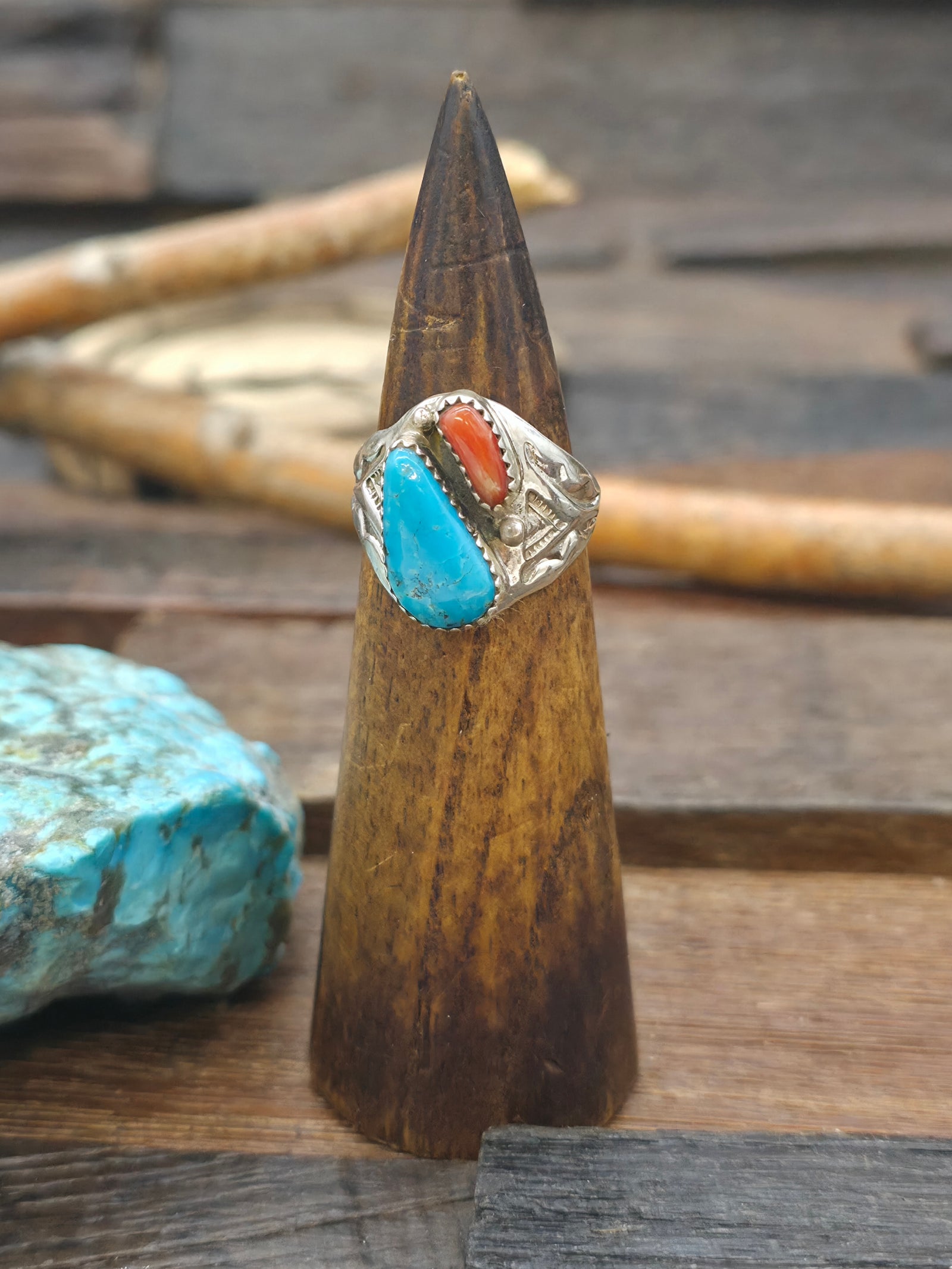 Two Stone Stamped Sterling Silver Turquoise and Coral Ring - Size 9 1/2