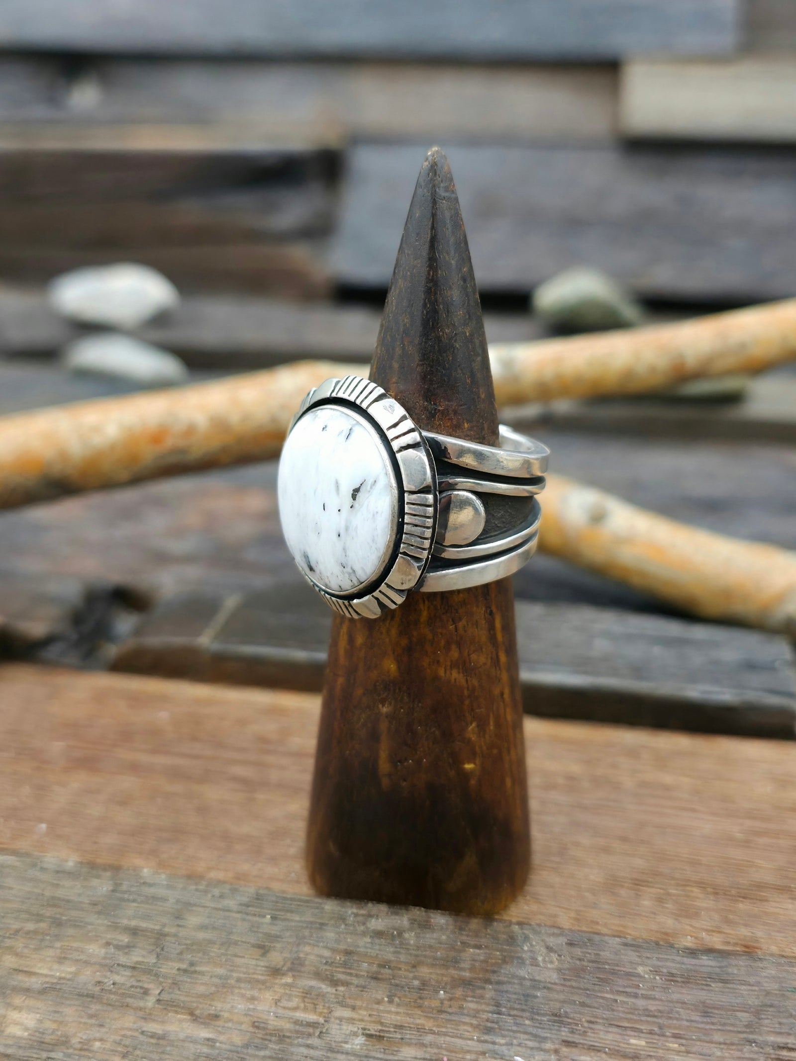 Wide Round White Buffalo and Sterling Silver Ring by C. Willie - Size 12