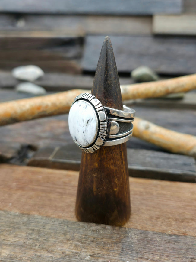 Wide Round White Buffalo and Sterling Silver Ring by C. Willie - Size 12