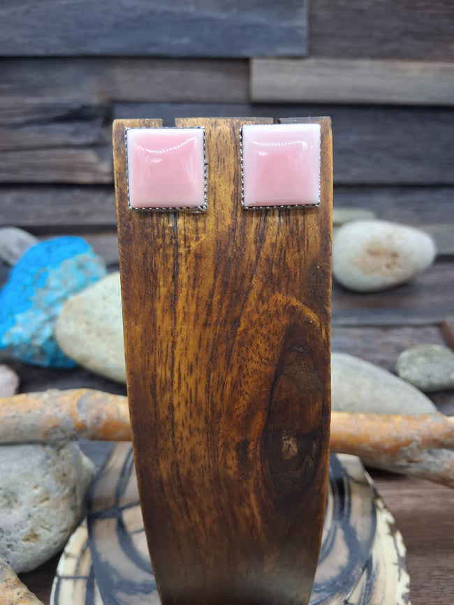 Pink Conch Square Sterling Silver Post Earrings by Dorothy Yazzie