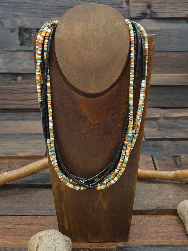 Five Strand Jet, Spiny Oyster, and Turquoise Necklace by Fred Archuleta - 20 in. plus 6 in. extender