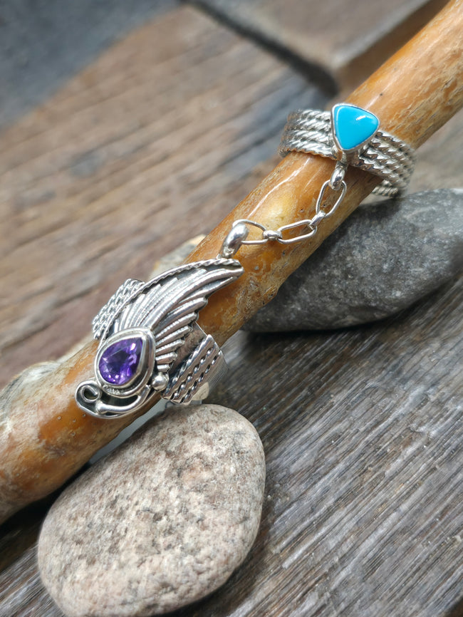 Sterling Silver Leaf Applique Amethyst Ring with Captured Turquoise Ring by Gilbert Smith - Size 7