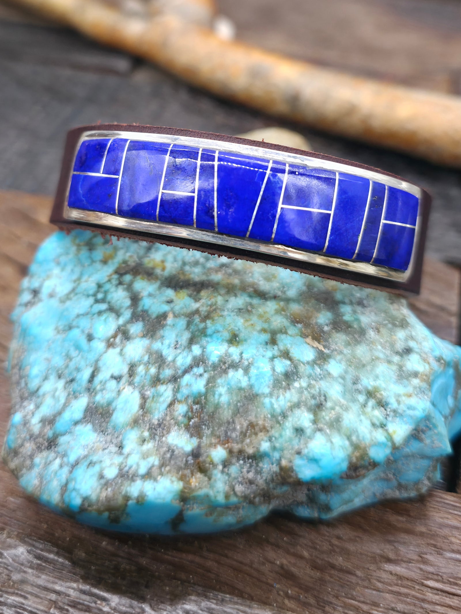 Brown Leather Bracelet with Sterling Silver and Lapis Inlay by Edison Yazzie - 8 to 9 in.