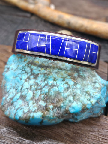 Brown Leather Bracelet with Sterling Silver and Turquoise Inlay by Edison Yazzie - 8 to 9 in.