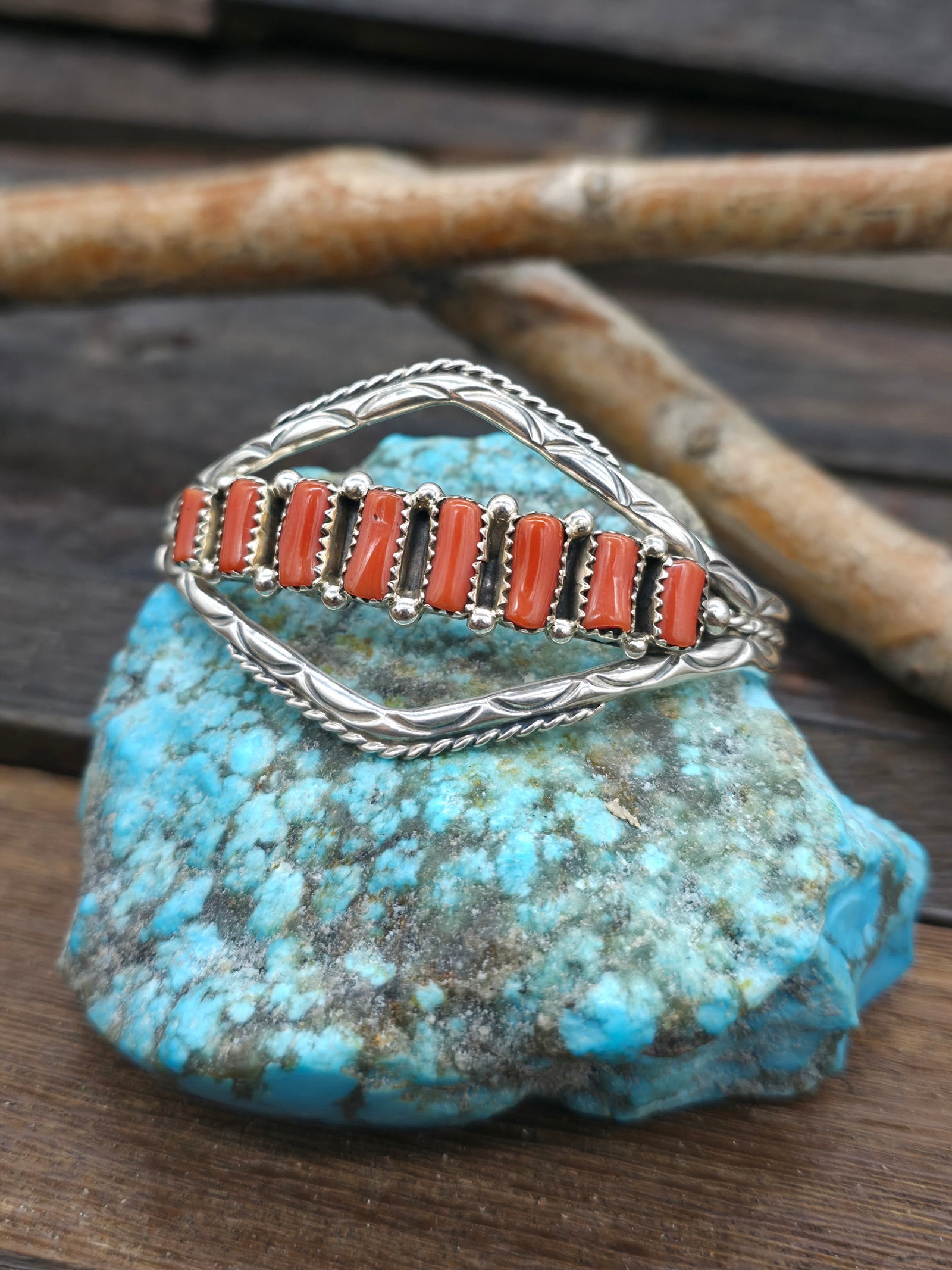 Stamped Sterling Silver and Coral Cuff by Melvin Chee - 6 1/4 in. w/Gap
