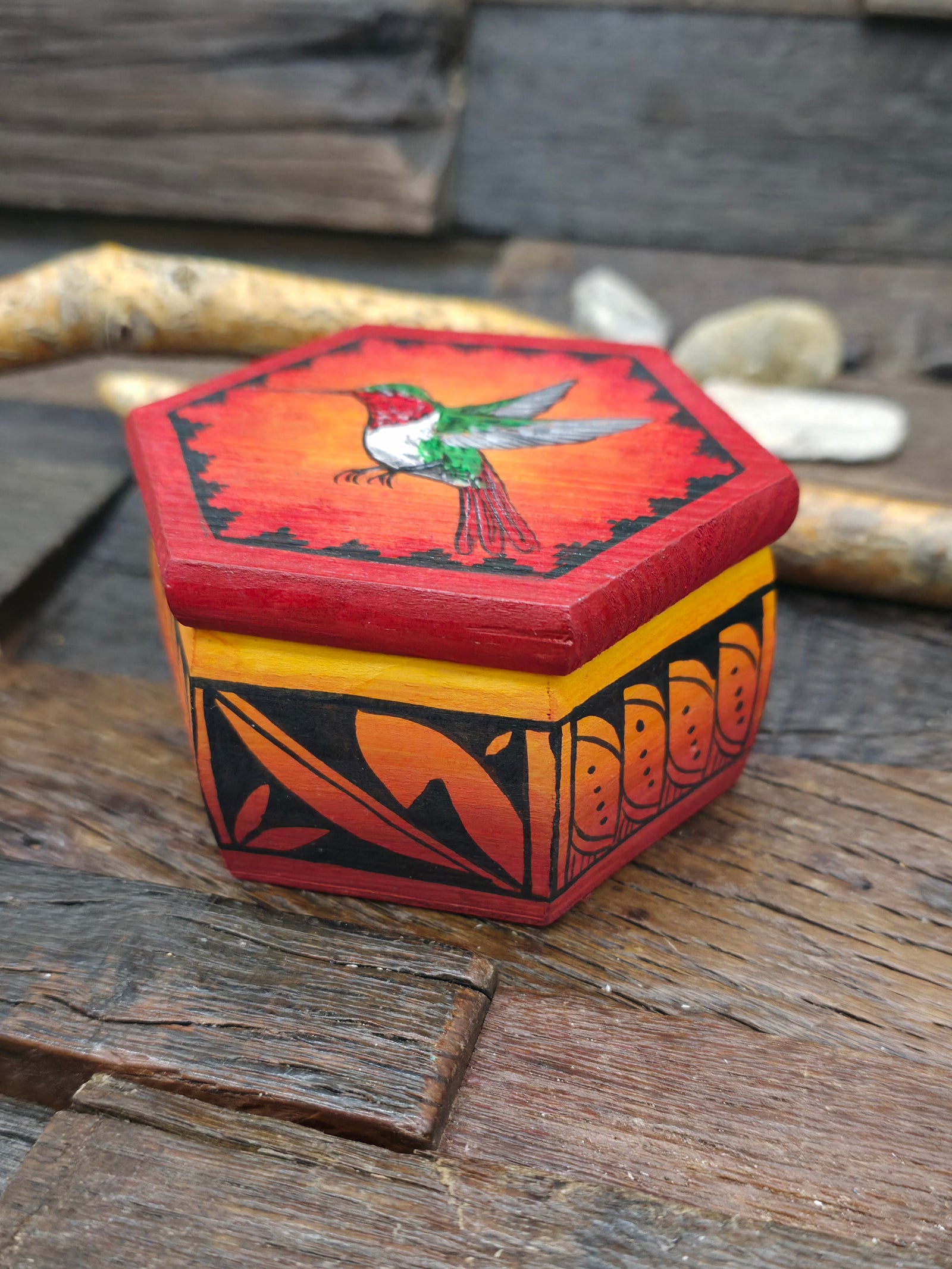 Handpainted Wooden Trinket Box by Andy Tsosie - Hummingbird - 3 in. by 3 in. by 2 in.