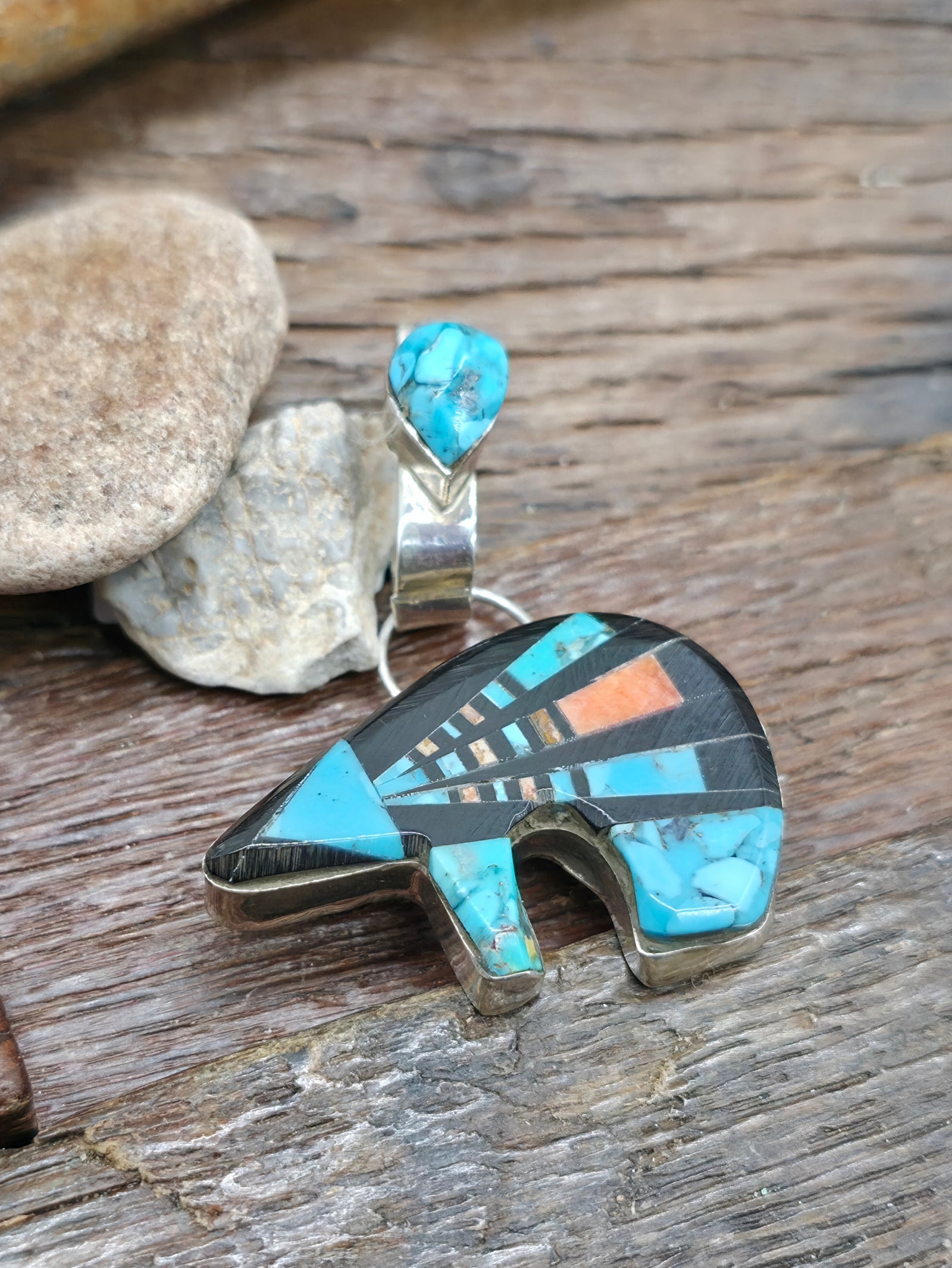 Sterling  Silver Turquoise, Spiny, and Jet Inlay Bear Pendant by Ray Jack - 2 in. by 1 1/2 in.