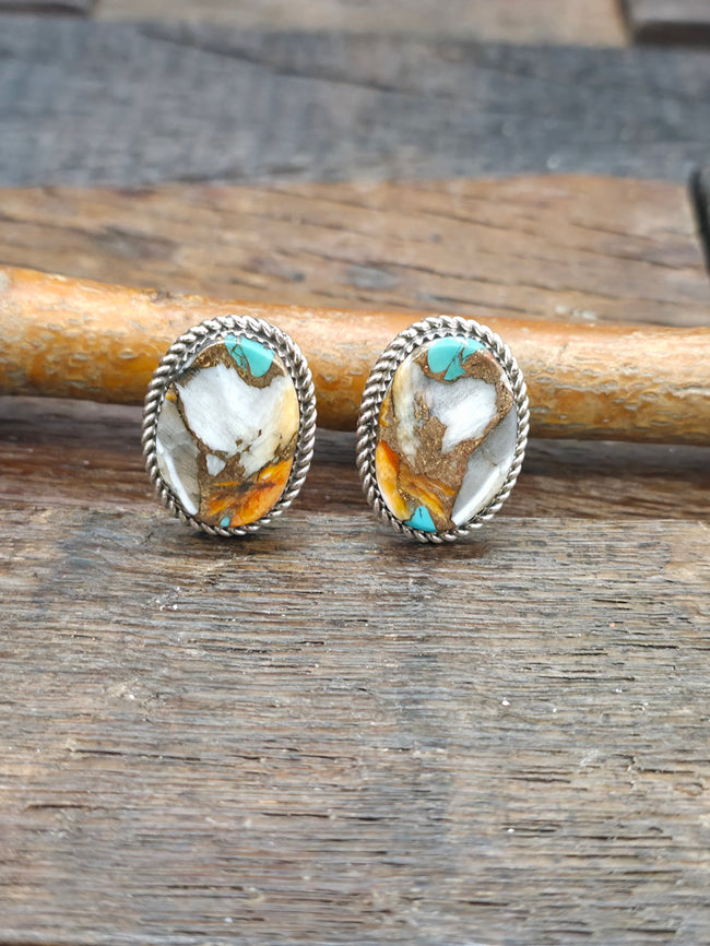 Turquoise and Spiny Oyster Composite Sterling Silver Earrings by Larry Etcitty - 1 in. by 5/8 in.