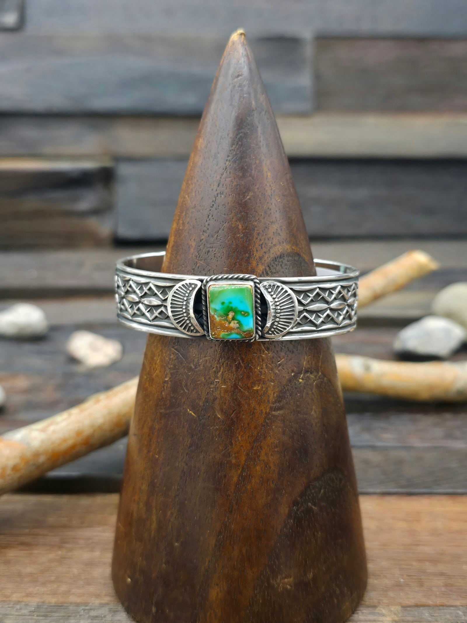 Stamped Sterling Silver and Sonoran Turquoise Cuff by Sunshine Reeves - 6 1/2 in.