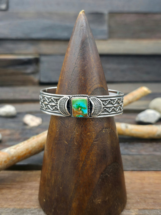Stamped Sterling Silver and Sonoran Turquoise Cuff by Sunshine Reeves - 6 1/2 in.