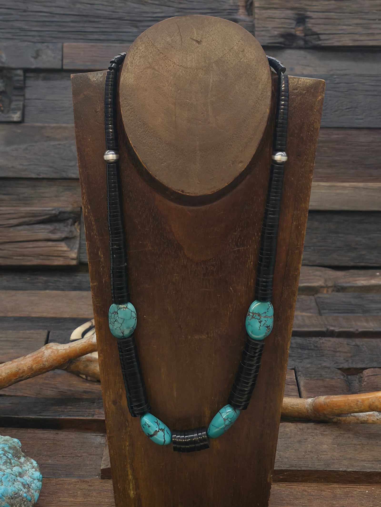 Graduated Jet Heishi Necklace with Turquoise and Sterling Silver Beads - 22 in.