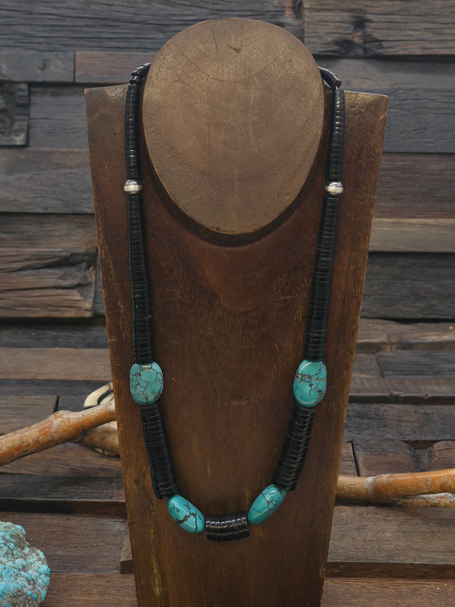 Graduated Jet Heishi Necklace with Turquoise and Sterling Silver Beads - 22 in.
