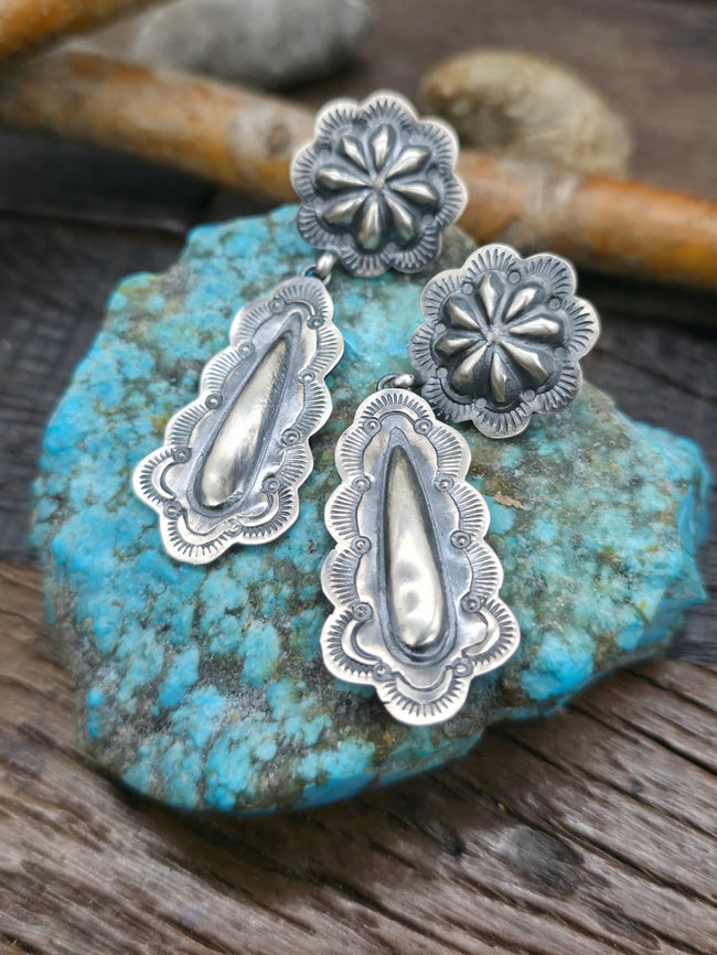 Repousse Stamped Sterling Silver Post Dangle Earrings by A. Goodluck - 2 1/2 in. by 3/4 in.