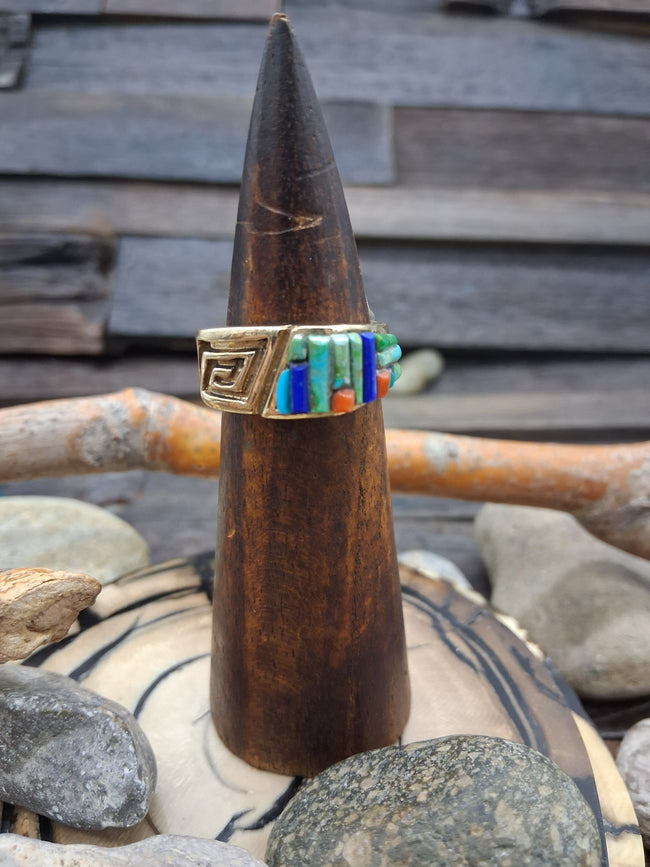 14 KT Gold Lapis Lazuli Turquoise Coral Ring Size 10