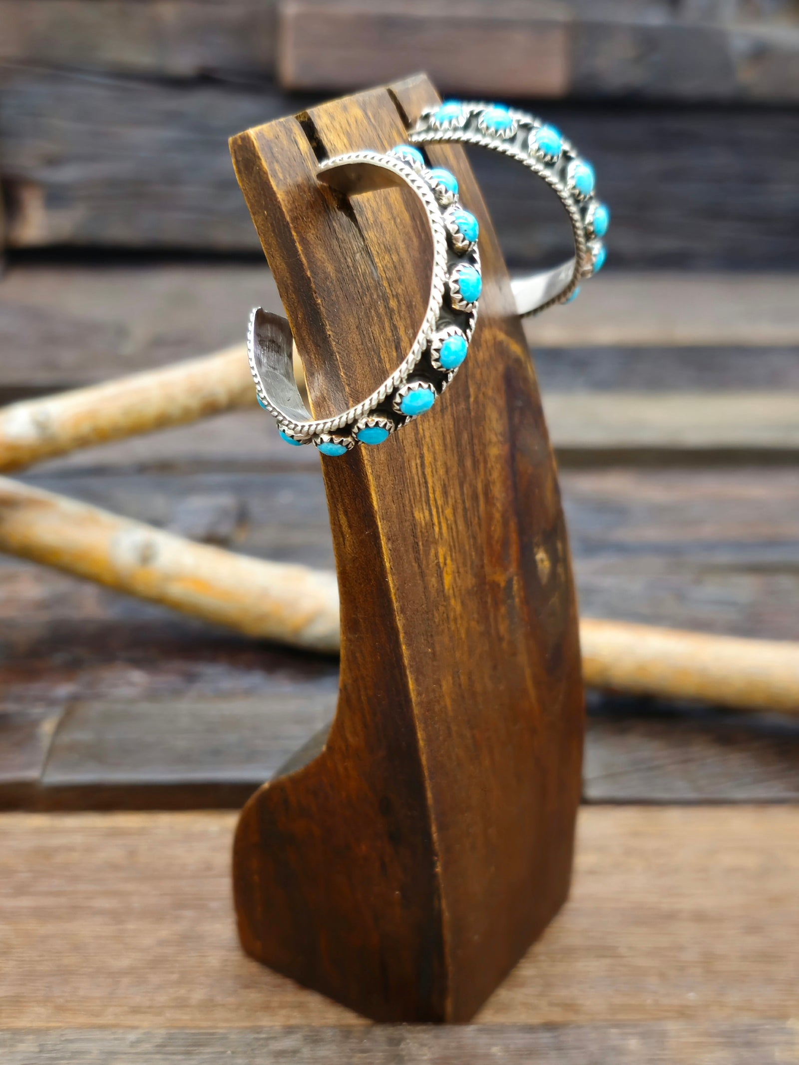 Blue Turquoise and Sterling Silver Hoop Earrings by Aaron Davis - 1 1/4 in