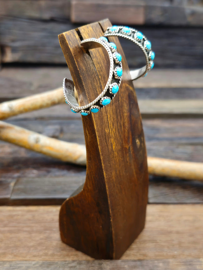 Blue Turquoise and Sterling Silver Hoop Earrings by Aaron Davis - 1 1/4 in
