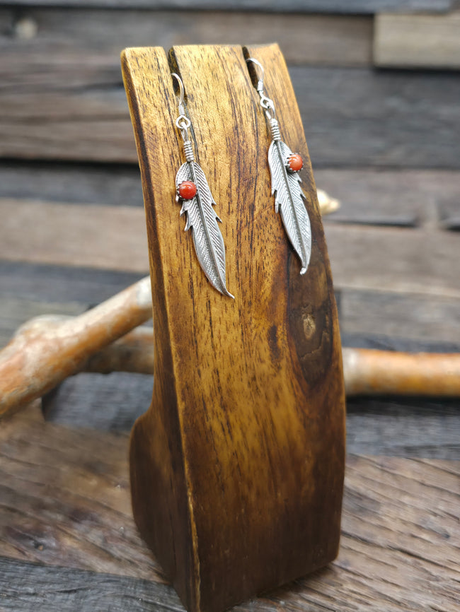 Sterling Silver Feather Earrings with Coral - 2 in. by 5/8 in.