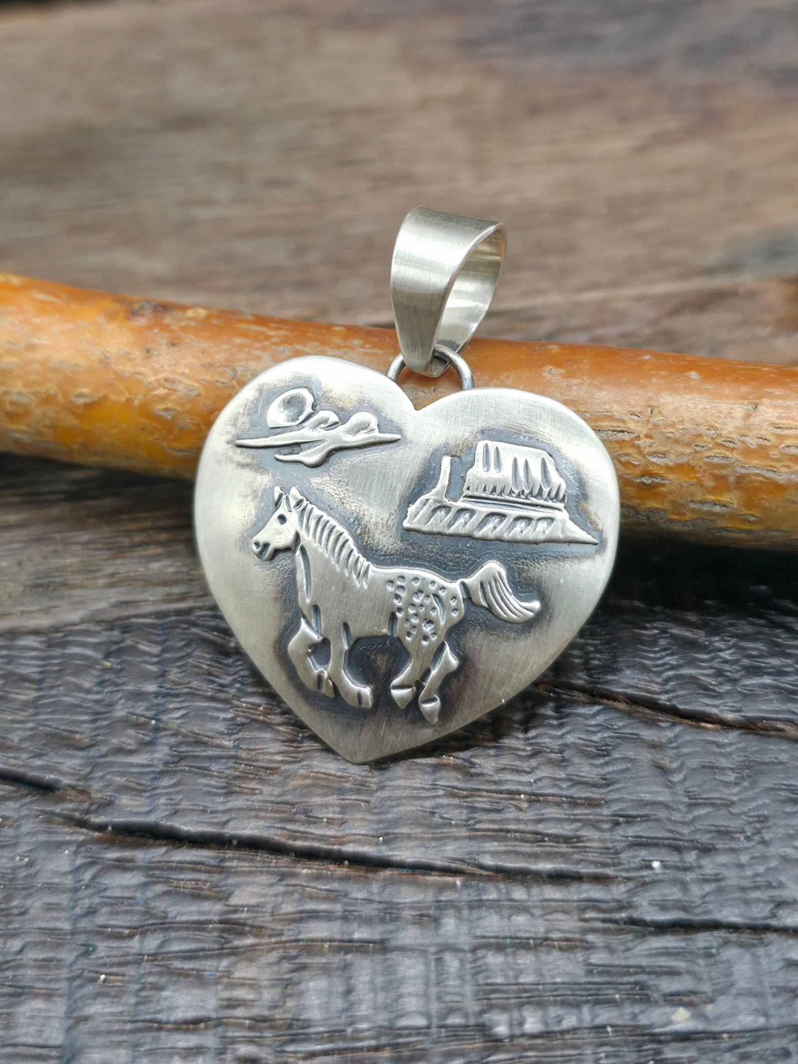 Sterling Silver Running Horse Overlay Heart Pendant by "WT" - 1 1/2 in. by 1 1/4 in.