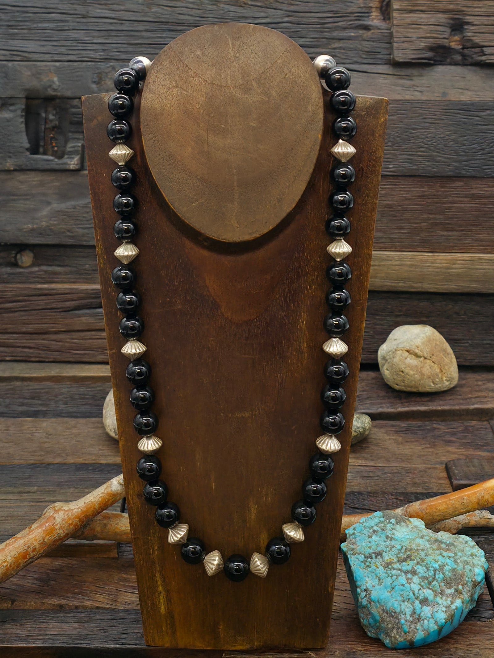 Onyx and Fluted Sterling Silver Bead Necklace by Fred Archuleta - 24 in