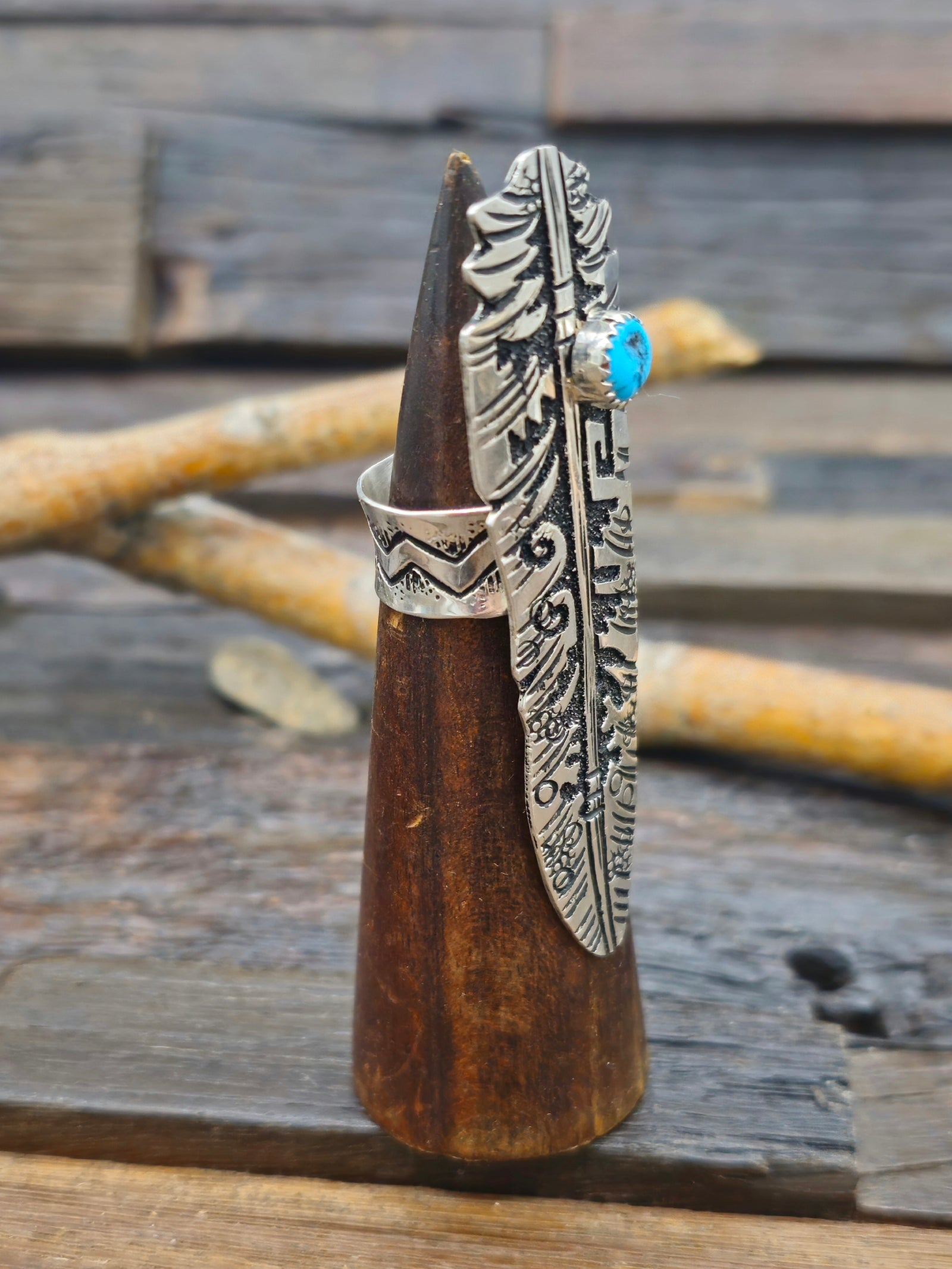 Sterling Silver and Turquoise Feather Ring by Richard Singer - Adjustable