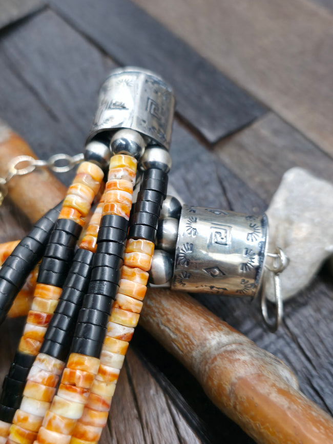 Five Strand Jet and Spiny Oyster Heishi Necklace by Fred Archuleta - 23 in. Plus 6 in. Extender