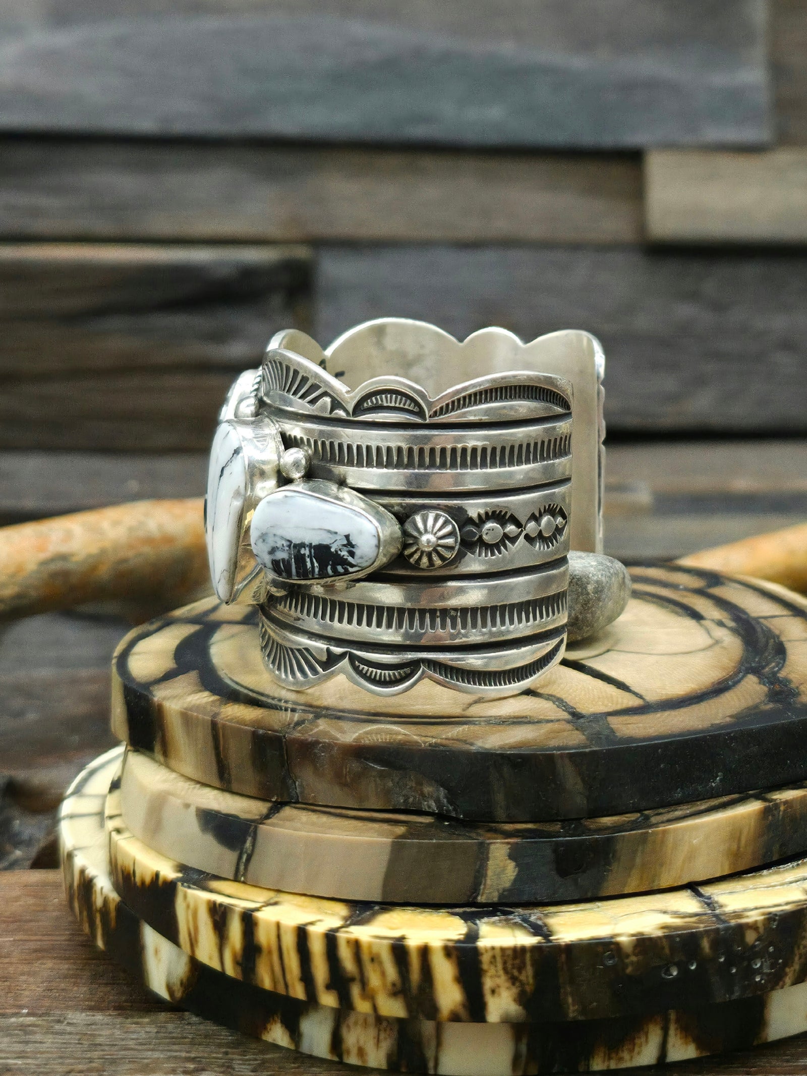 Stamped Sterling Silver and White Buffalo Cuff by Albert Jake  - 6 1/4 in.